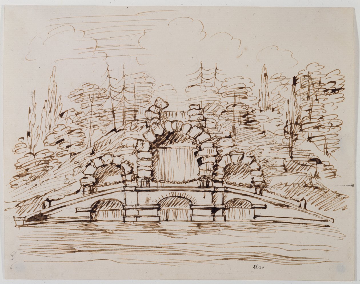 Chiswick, projekt kaskady po zbudowaniu (pióro i tusz na ołówku na papierze) autorstwa William Kent