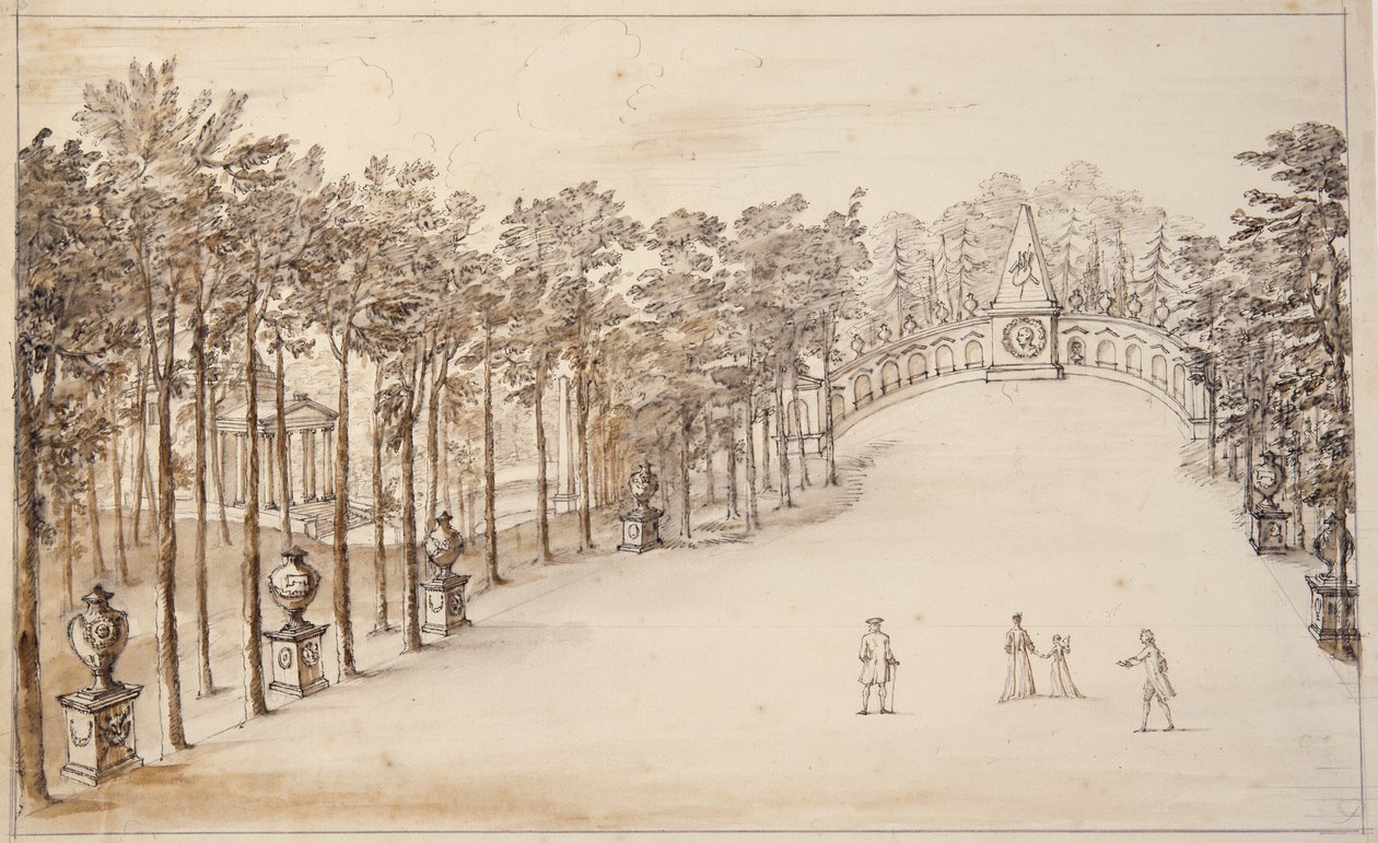 Chiswick, pierwszy projekt Exedry (pióro i tusz oraz pranie na papierze) autorstwa William Kent