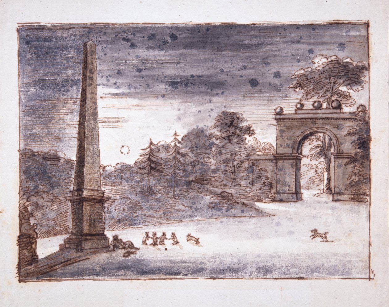 Chiswick, Burlington Lane Gate i obelisk w świetle księżyca z Kentem siedzącym przy śniącym obelisku i bawiącymi się królikami, ok. 1732 (pióro i atrament oraz pranie na papierze) autorstwa William Kent