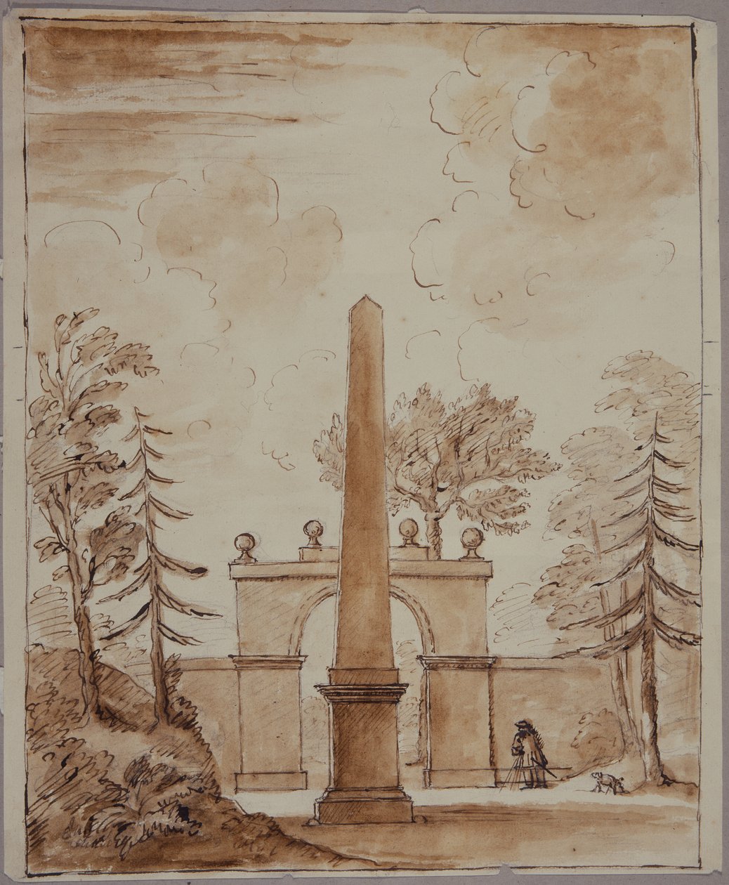 Chiswick, widok na Burlington Lane Gate, na pierwszym planie Obelisk i Kent z psem (pióro i atrament oraz pranie na papierze) autorstwa William Kent