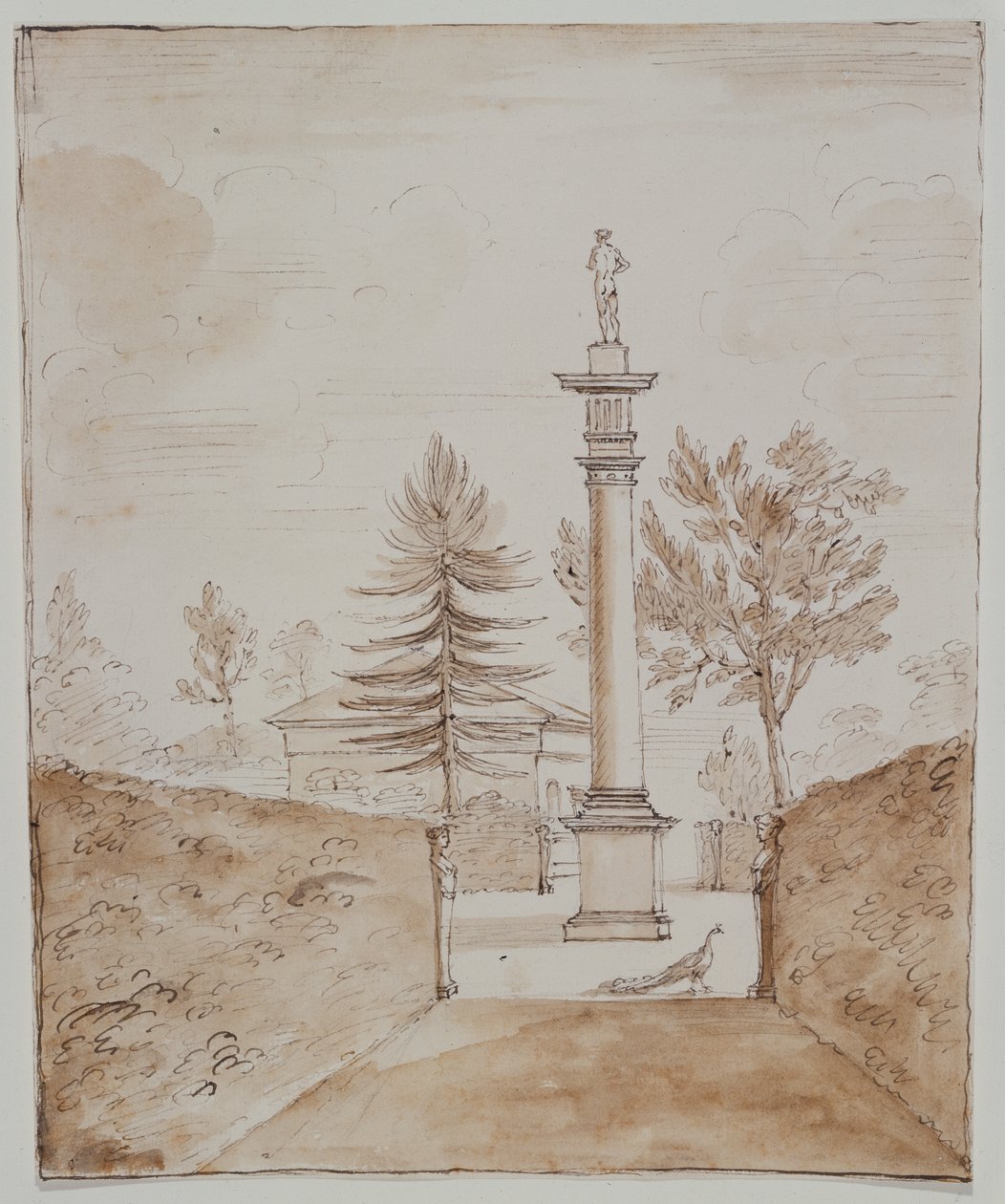 Chiswick, widok na kolumnę dorycką z posągiem Wenus z Medyceuszy i spojrzenie na bok domu jelenia (pióro i atrament na papierze) autorstwa William Kent