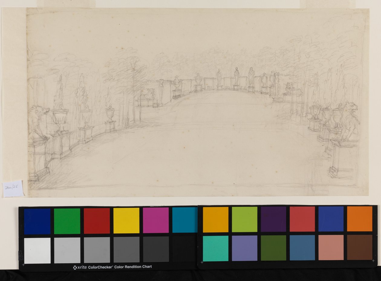 Chiswick, widok Exedry ukazujący umieszczenie rzeźby (ołówek na papierze) autorstwa William Kent