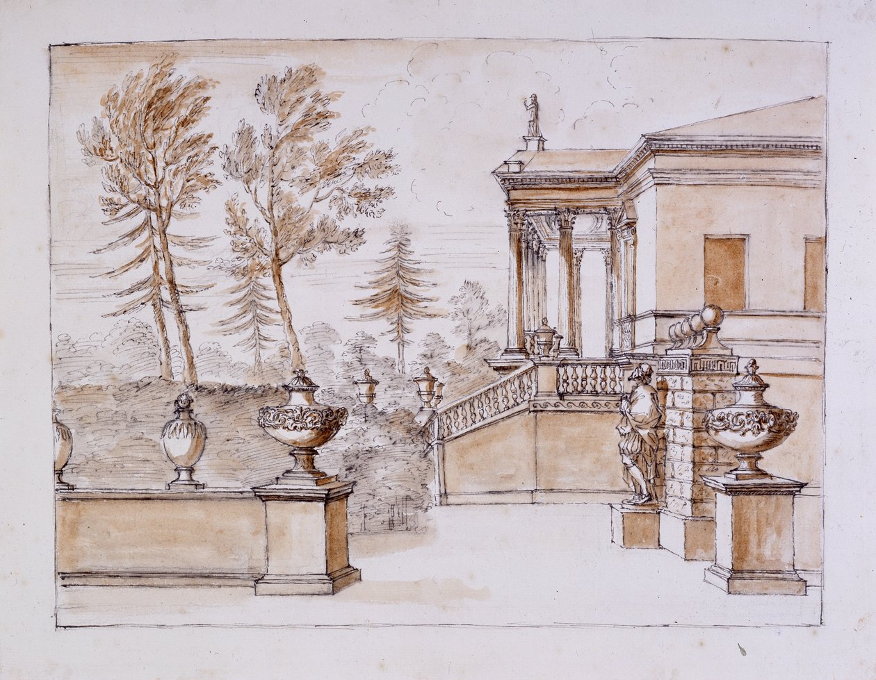 Chiswick, widok willi od strony posągu Inigo Jonesa (pióro i atrament oraz przemycie ołówkiem na papierze) autorstwa William Kent