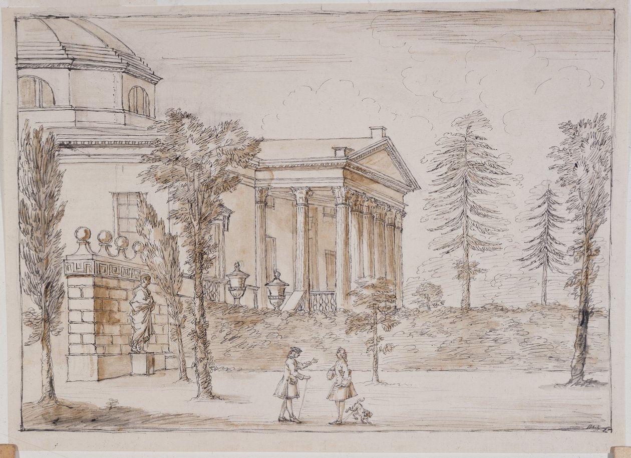 Chiswick, widok willi od strony posągu Palladio (pióro i atrament oraz przemycie ołówkiem na papierze) autorstwa William Kent