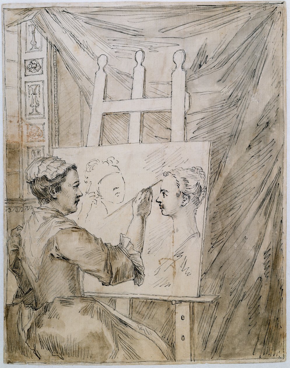 Lady Burlington przy sztalugach w swoim pokoju w ogrodzie (pióro, atrament i ołówek na papierze) autorstwa William Kent
