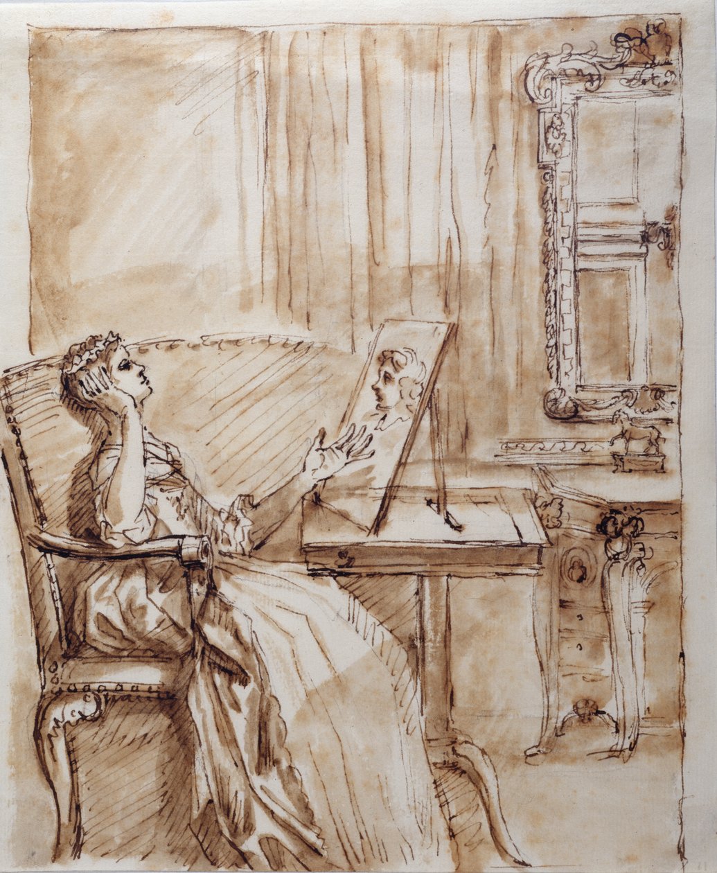 Lady Burlington siedząca w swoim pokoju ogrodowym i podziwiająca rysunek starego mistrza (?) (pióro i atrament na papierze) autorstwa William Kent