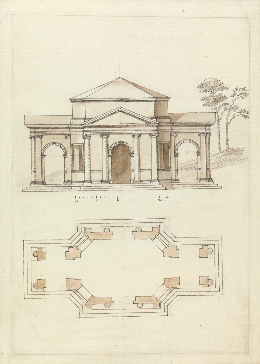 Budynek Townsenda w Rousham, Oxfordshire: elewacja i plan autorstwa William Kent