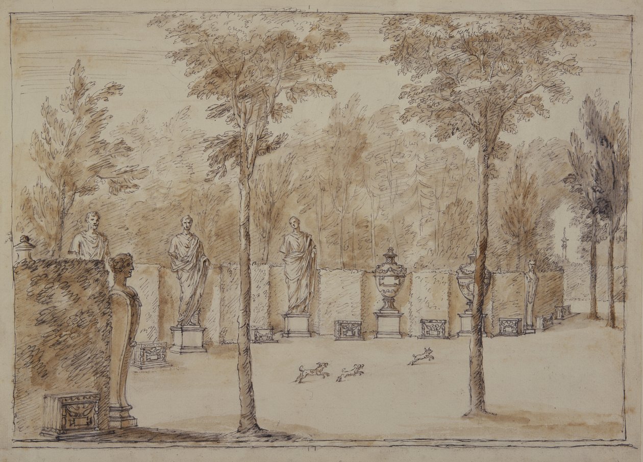 Zobacz Exedra w Chiswick (pióro i atrament z brązowym praniem na papierze) autorstwa William Kent