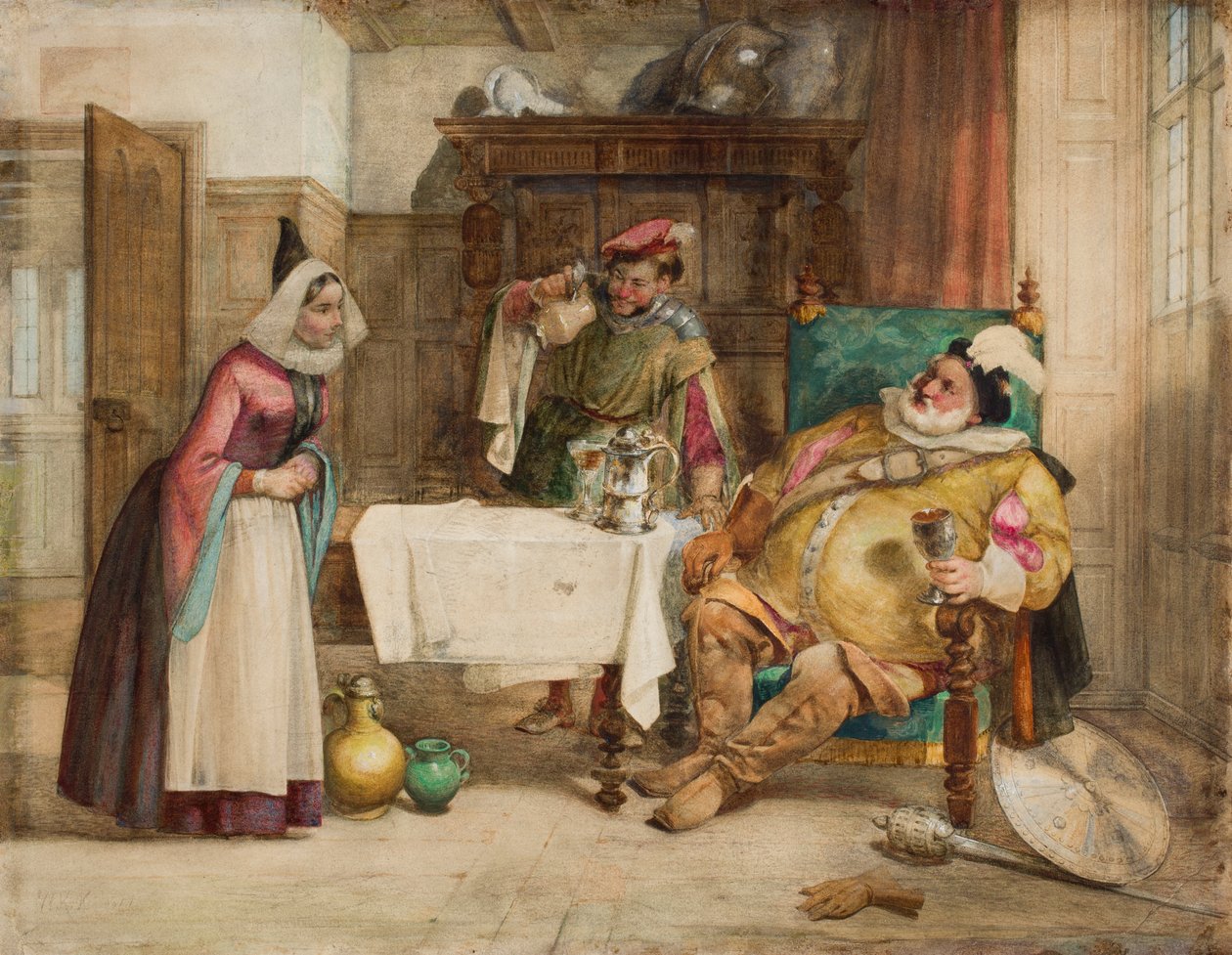 Scena z „Wesołych żon Windsoru” Szekspira: Falstaff, Bardolf i Hostessa, 1860 autorstwa William Knight Keeling