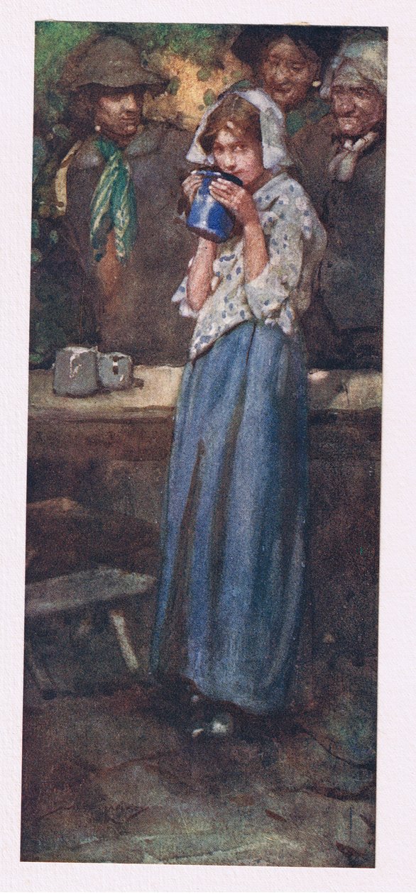 Ani nieśmiała służąca, na wpół chętna do naciskania, nie pocałuje kielicha, aby go podać (litografia kolorowa) autorstwa William Lee Hankey
