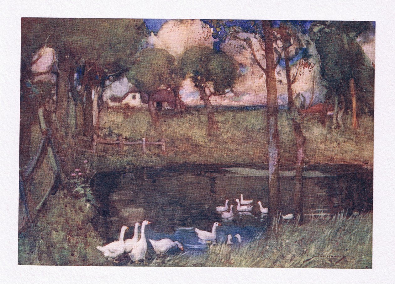 Głośne gęsi, które bełkotały nad basenem (kolorowa litografia) autorstwa William Lee Hankey