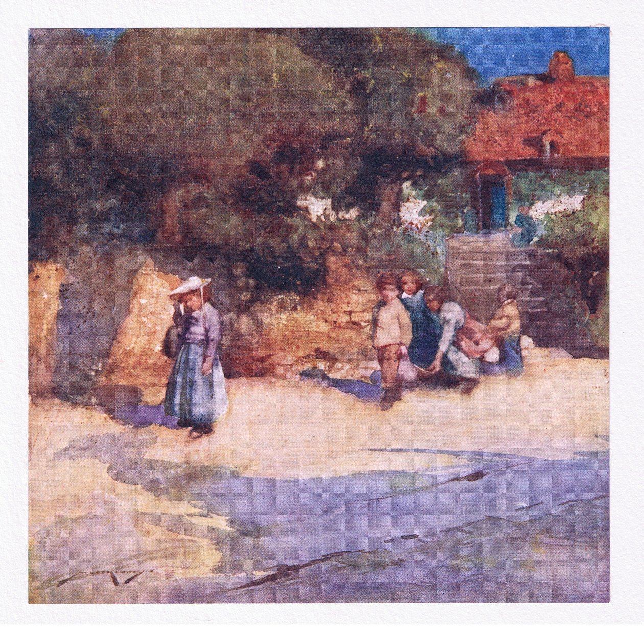 Rozbawione dzieci właśnie wypuściły się ze szkoły (litografia kolorowa) autorstwa William Lee Hankey
