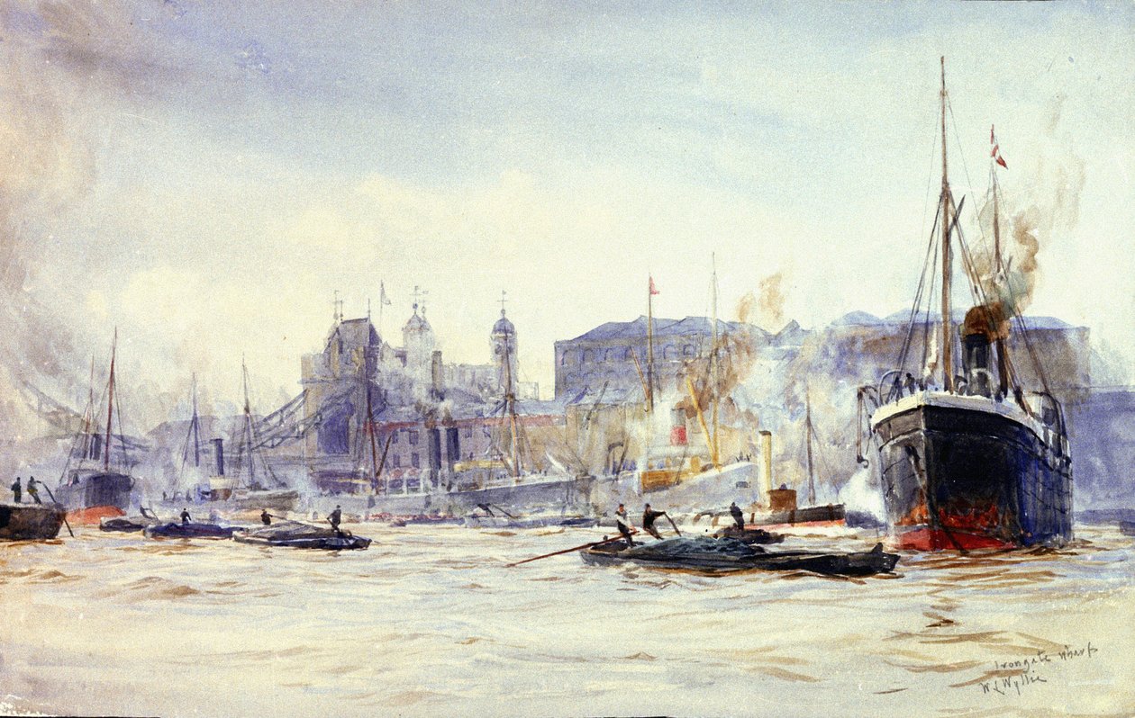 Scena aktywności wzdłuż nabrzeża Irongate, na Tamizie (Anglia), z Tower Bridge w oddali autorstwa William Lionel Wyllie