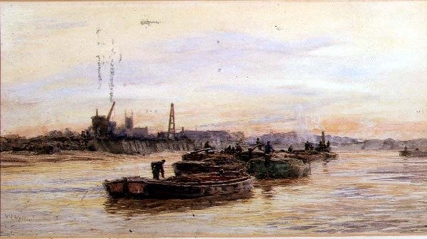 Barki o zachodzie słońca (akwarela) autorstwa William Lionel Wyllie