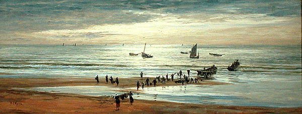 Scena na plaży na północnym wybrzeżu Francji (olej na płótnie) autorstwa William Lionel Wyllie