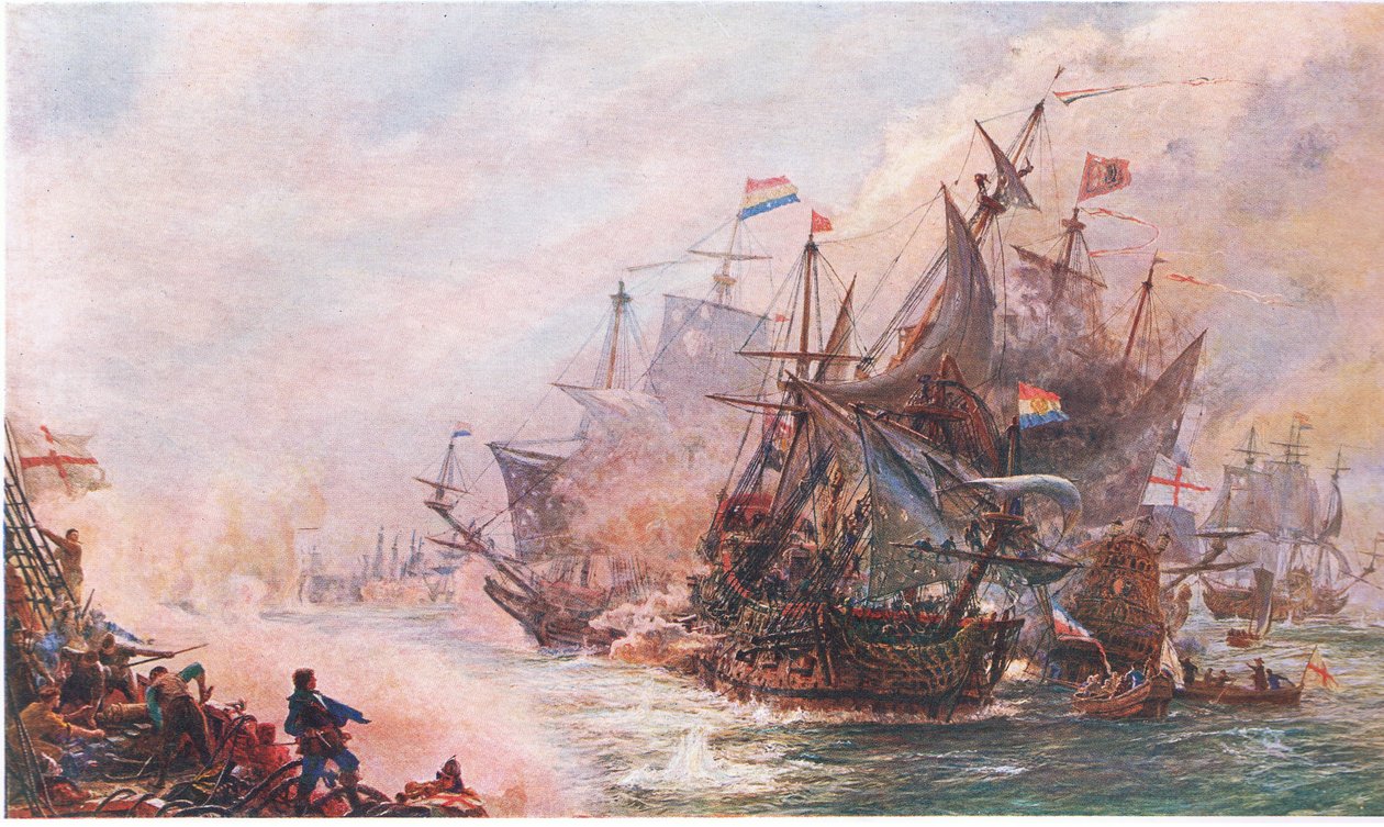 Blakes trzydniowe spotkanie z Von Trompem, z Cassells History of the British People opublikowanej przez Waverley Book Company Limited, c.1940 autorstwa William Lionel Wyllie