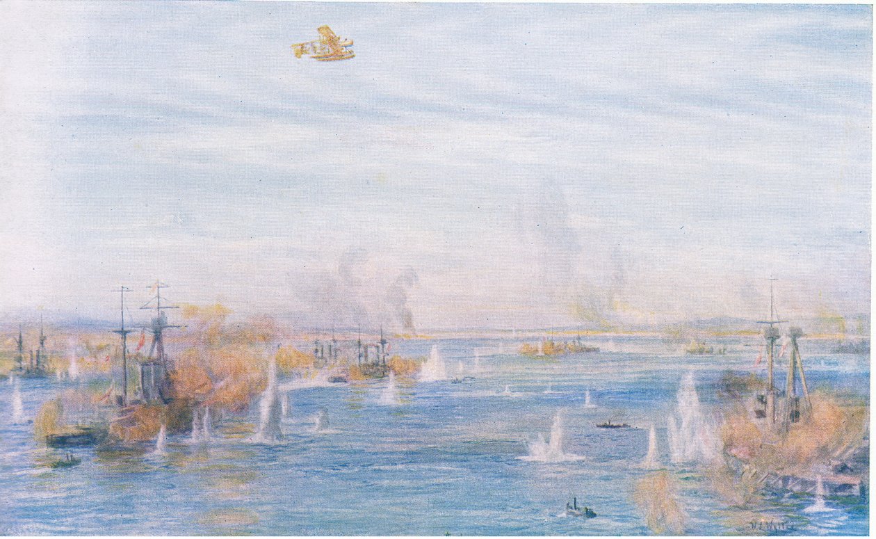 Bombardowanie Narrows, 18 marca 1915, z Cassells History of the British People opublikowanej przez Waverley Book Company Limited, c.1940 autorstwa William Lionel Wyllie