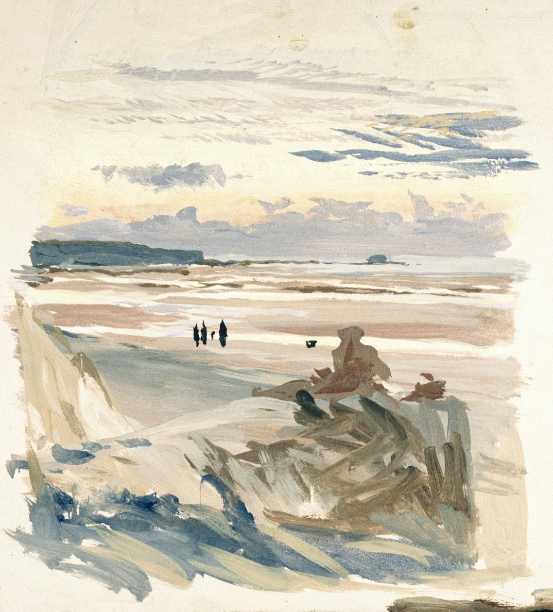 Postacie na plaży, prawdopodobnie w Amble (Francja), z sylwetką fortu Vauban w świetle zmierzchu autorstwa William Lionel Wyllie