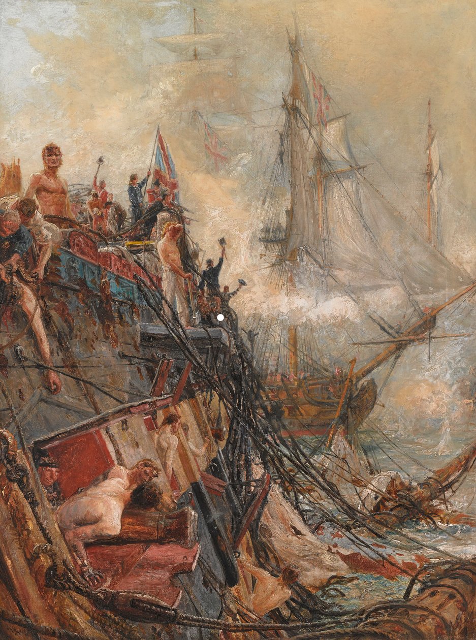 „Kaleki, ale niepokonany”: H.M.S. „Belleisle” pod Trafalgarem, 21 października 1805 (olej na płótnie) autorstwa William Lionel Wyllie