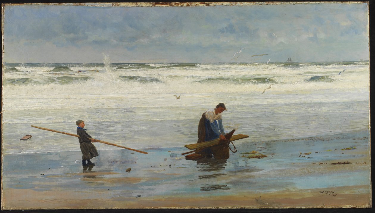 Zbieranie drewna dryfującego, Holandia, 1877 autorstwa William Lionel Wyllie