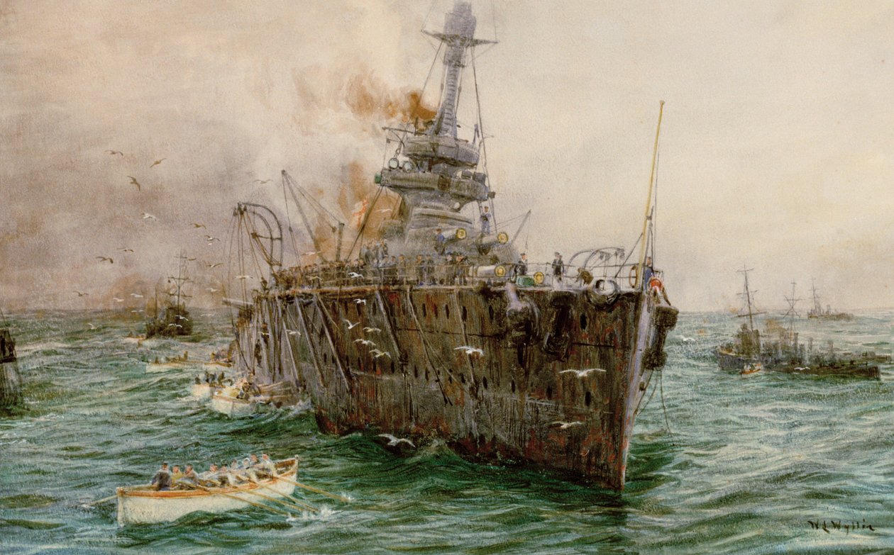 HMS "Audacious" tonący u wybrzeży Loch Swilly po uderzeniu w minę, 27 października 1914, początek XX wieku (akwarela) autorstwa William Lionel Wyllie
