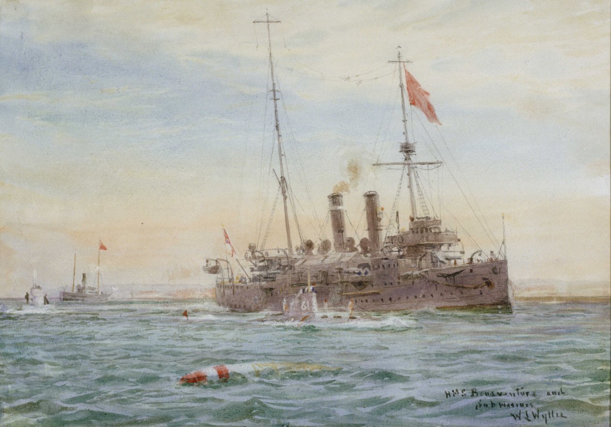 "HMS Bonaventure i okręty podwodne" RMG PW2083 autorstwa William Lionel Wyllie