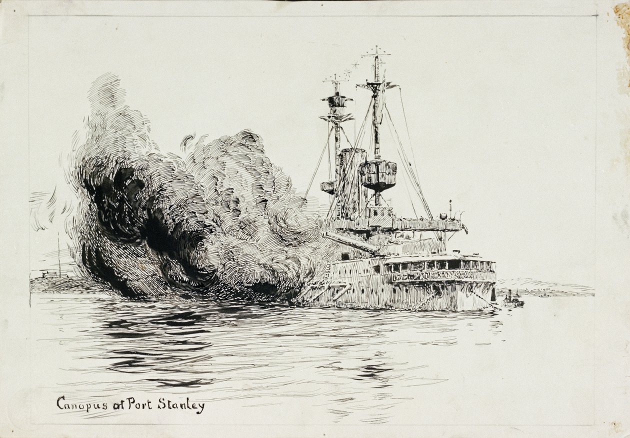 HMS "Canopus" w Port Stanley, wystrzeliwujący salwy otwierające bitwę o Falklandy, 8 grudnia 1914 r. (pióro i tusz, z czarną farbą, na karcie) autorstwa William Lionel Wyllie