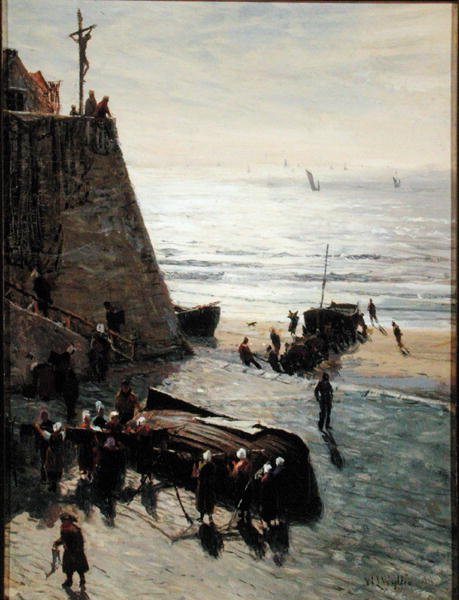 Wciąganie łodzi rybackiej (olej na płótnie) autorstwa William Lionel Wyllie