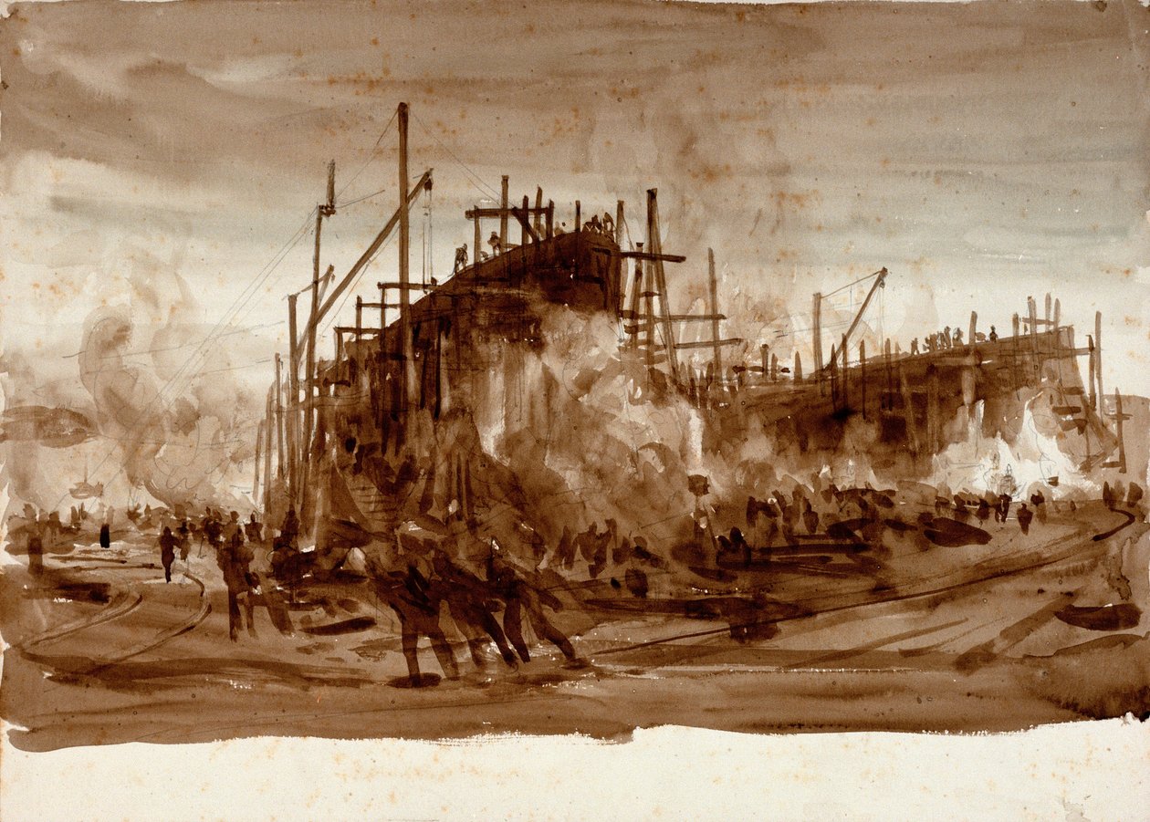 Żelazne statki na nabrzeżu, ok. 1910 r. (brązowe płótno) autorstwa William Lionel Wyllie