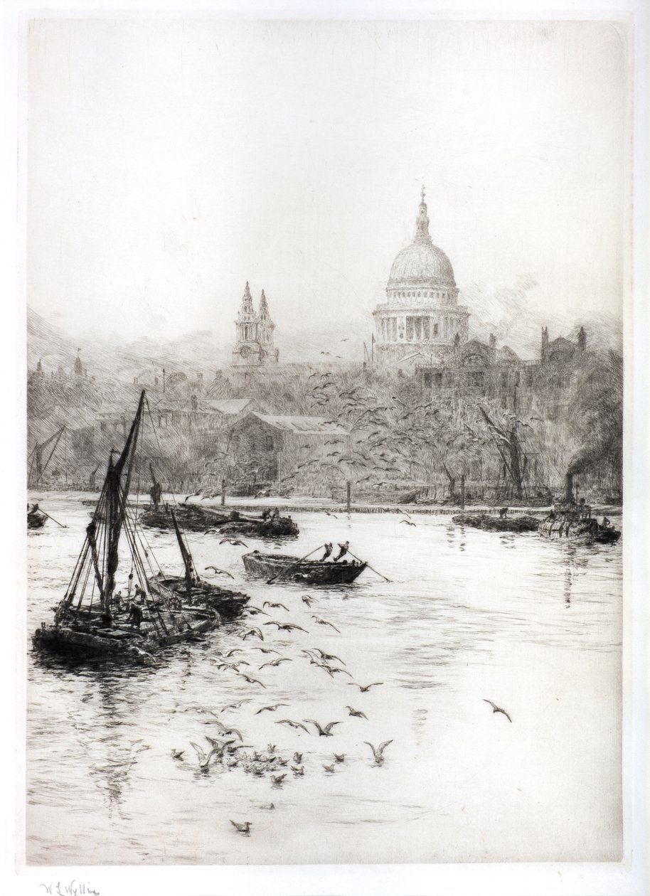 Żegluga i mewy pod St Pauls (akwarela) autorstwa William Lionel Wyllie