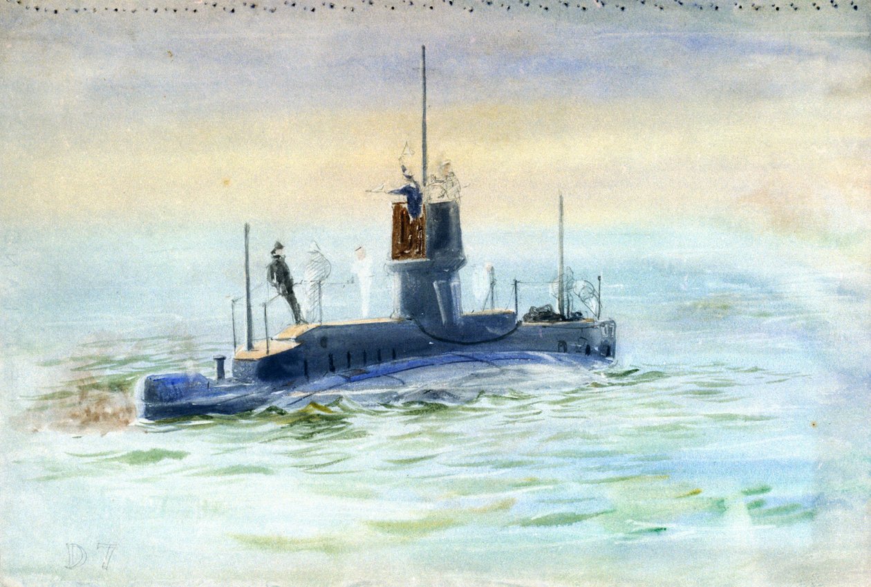 Okręt podwodny D7, początek XX wieku (akwarela, grafit) autorstwa William Lionel Wyllie