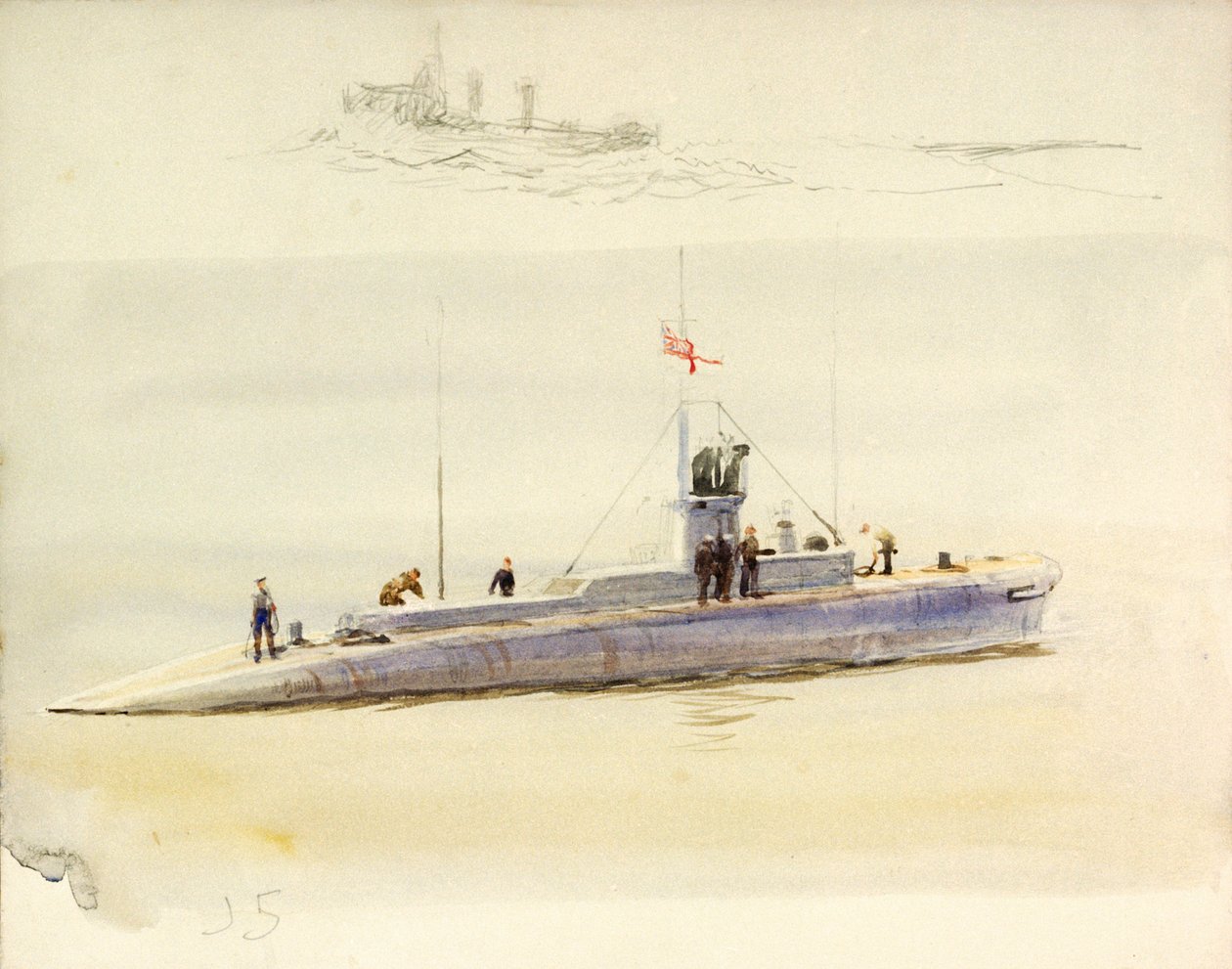 Okręt podwodny J.5 i szkic innego okrętu bojowego, początek XX wieku (akwarela, grafit) autorstwa William Lionel Wyllie