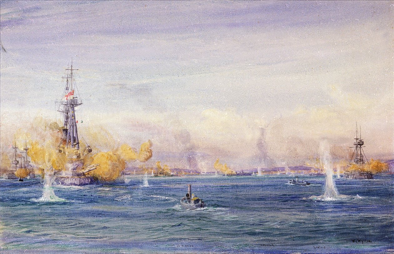 Bitwa o Dardanele (1915) (Turcja), podczas kampanii Gallipoli, na Morzu Marmara. Akwarela, około 1915 roku, autorstwa Williama Lionela Wyllie (1851-1931). autorstwa William Lionel Wyllie