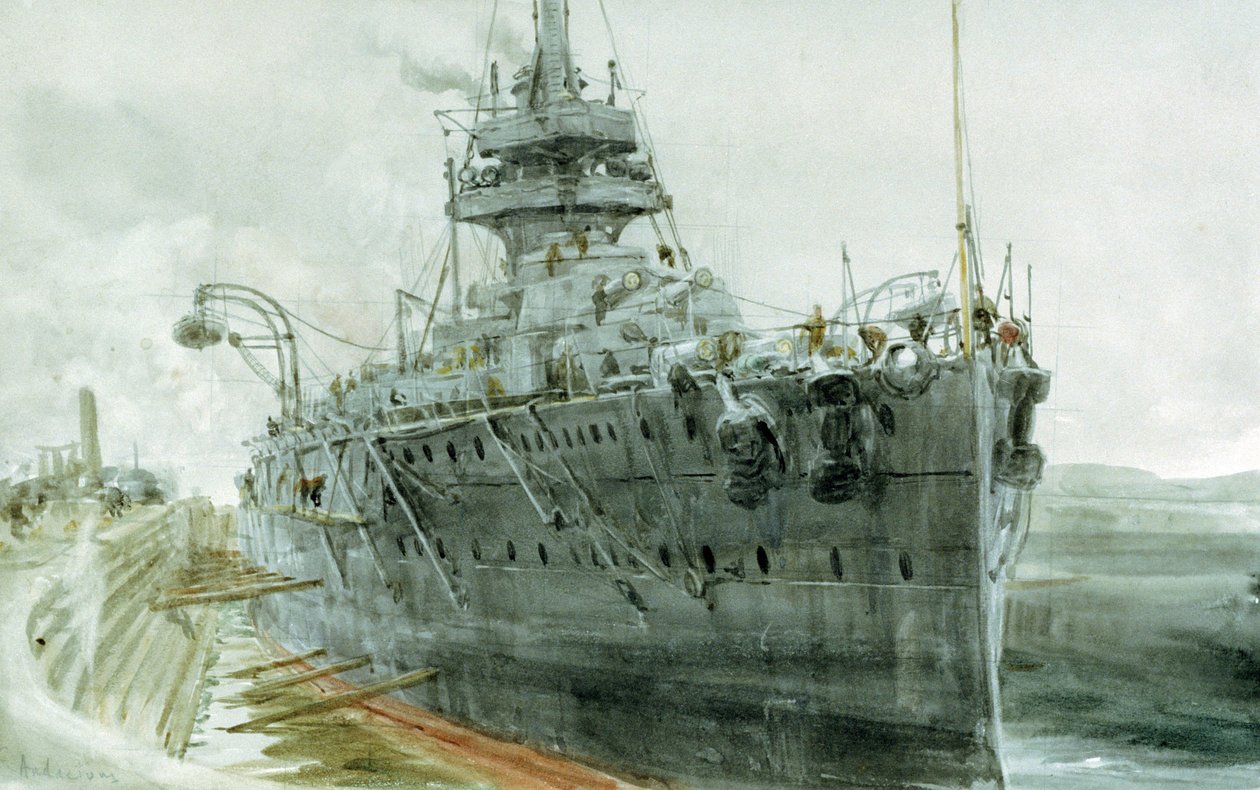 HMS "Audacious", zbudowany w latach 1911-1913. Akwarela autorstwa William Lionel Wyllie