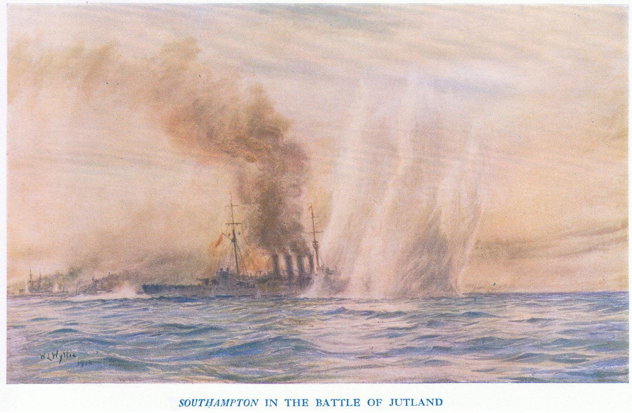 Southampton w bitwie jutlandzkiej, z Cassells History of the British People opublikowanej przez Waverley Book Company Limited, c.1940 autorstwa William Lionel Wyllie