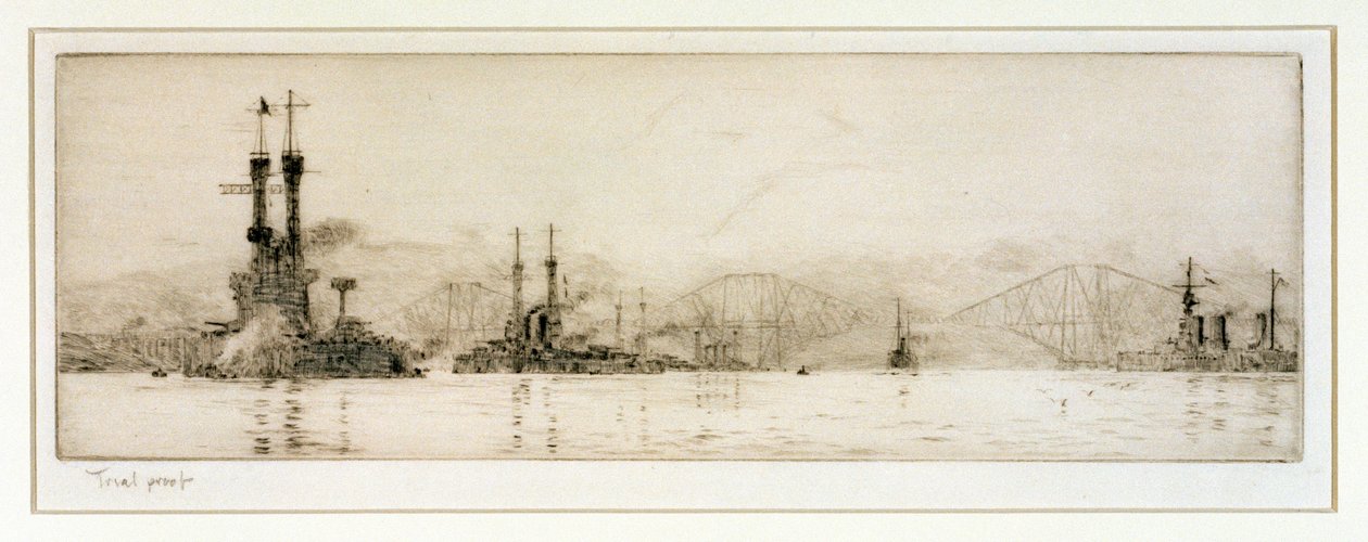 Amerykańskie pancerniki "New York" i "Texas" u wybrzeży Rosyth, ok. 1918 r. (akwaforta, pokryta grafitem) autorstwa William Lionel Wyllie