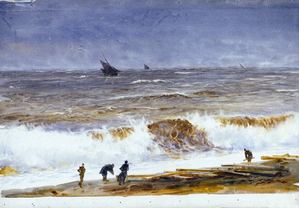 Plaża w Berck sur mer (Berck-sur-Mer) (Francja) z burzliwym morzem i postaciami na plaży. Akwarela, po 1890 roku, autorstwa Williama Lionela Wyllie (1851-1931). autorstwa William Lionel Wyllie
