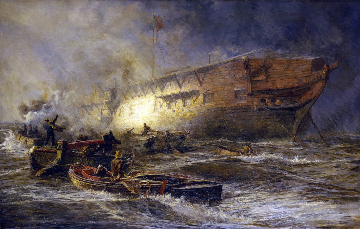 Fregata "Leonidas", zakotwiczona w pobliżu Upnor na rzece Medway (Anglia), manewruje wbrew burzy i słońcu. Olej na płótnie autorstwa William Lionel Wyllie