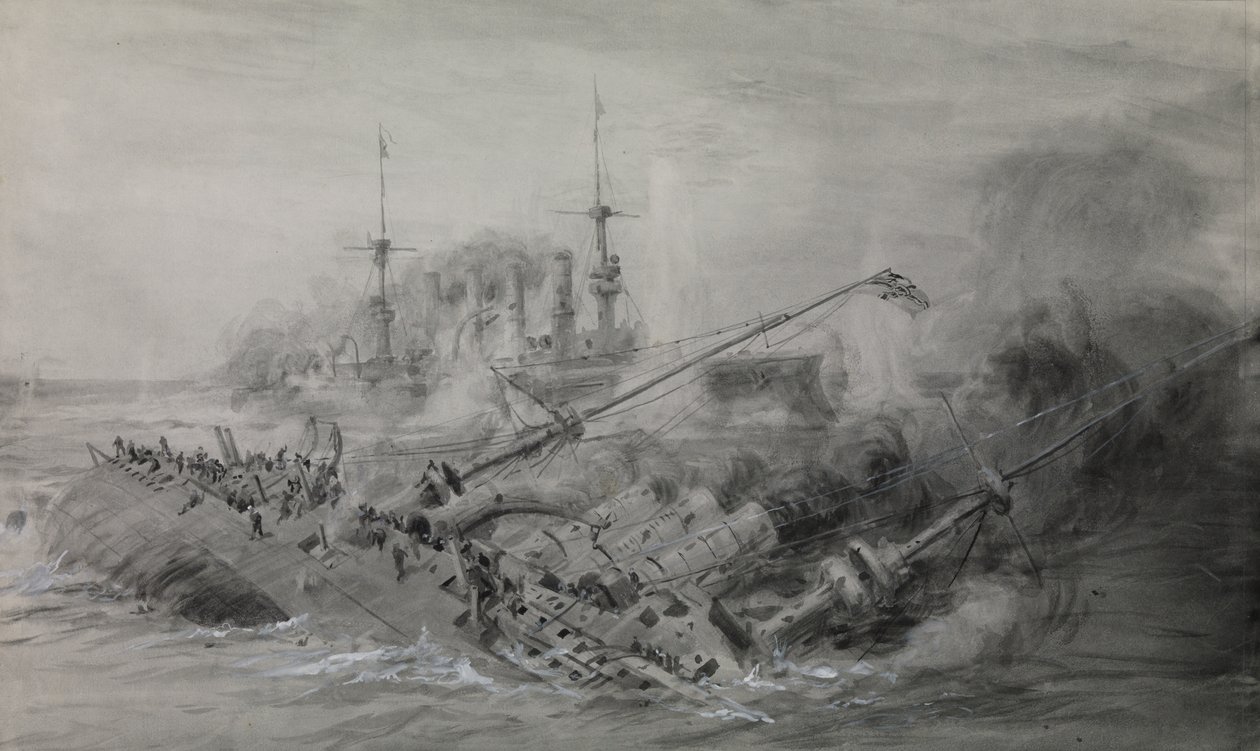 Ostatni z okrętów "Scharnhorst" i "Gneisenau"; bitwa o Falklandy, 8 grudnia 1914 r., ok. 16.15, ok. 1915-18 r. (pranie, kolor szary, wzmocniony białym) autorstwa William Lionel Wyllie