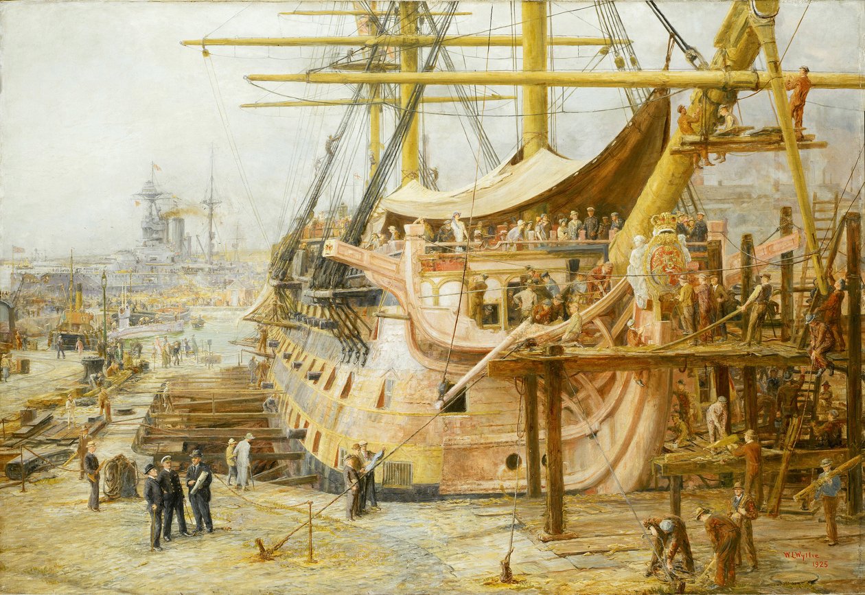 Odrestaurowanie HMS "Victory" w dokach Portsmouth (Anglia), po rozpoczęciu wielkiej ogólnokrajowej operacji finansowej mającej na celu uratowanie statku przed zwycięstwem pod Trafalgarem (1805 r.), statek został przywrócony do wody w kwietniu 1925 r. autorstwa William Lionel Wyllie