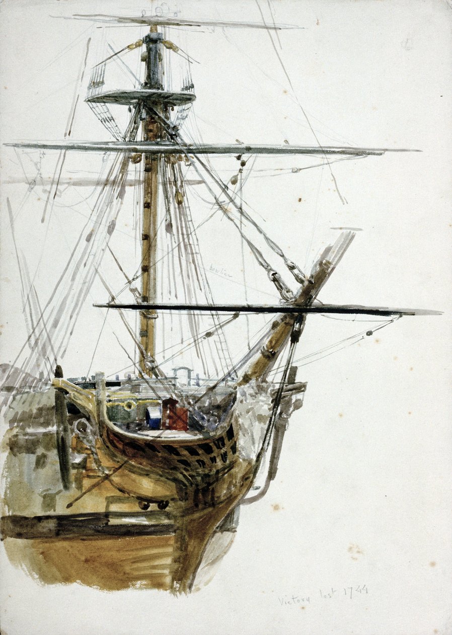 Statek "Victory" zaginął w 1744 roku. Akwarela, około 1900 roku, autorstwa Williama Lionela Wyllie (1851-1931). autorstwa William Lionel Wyllie