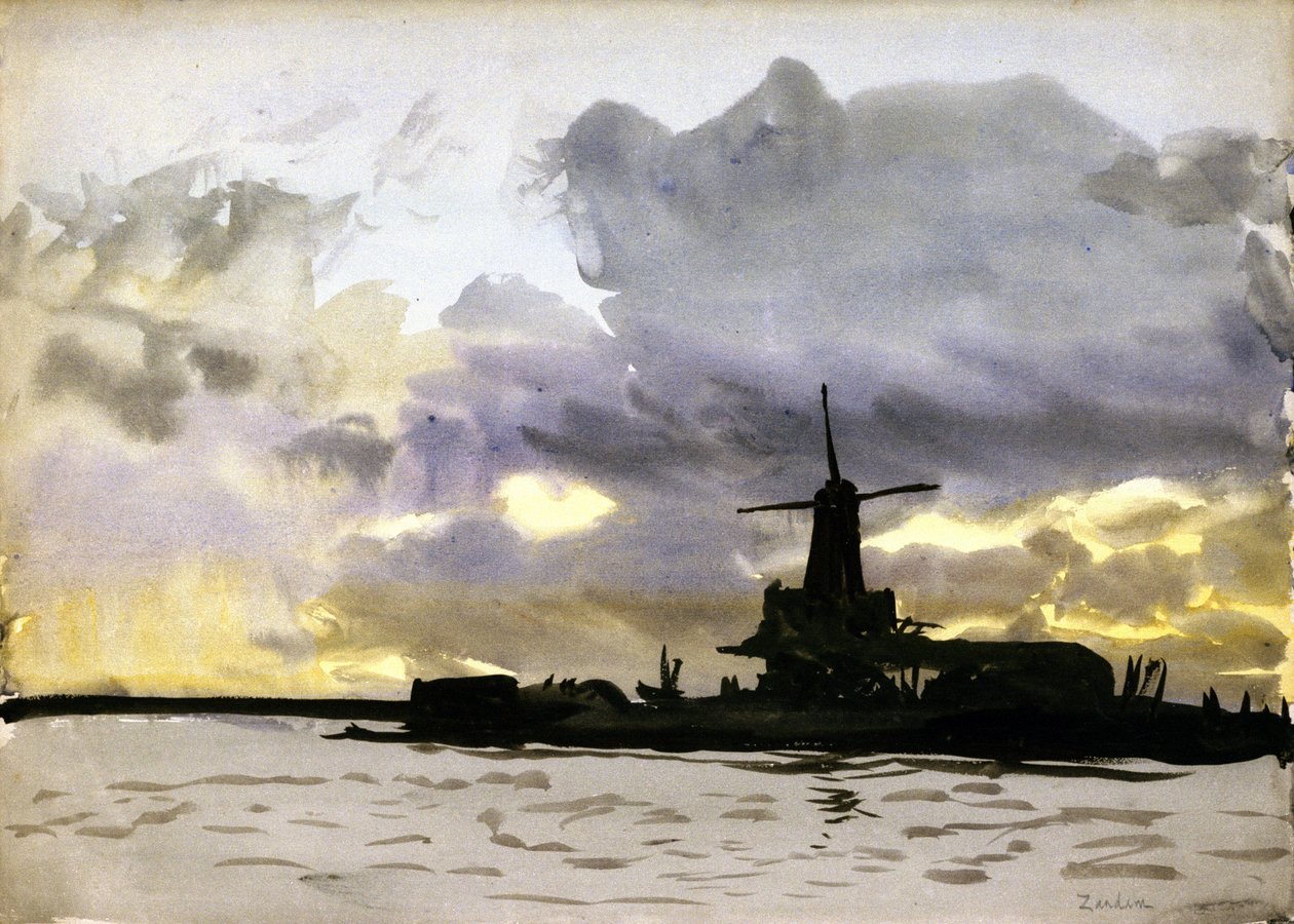 Wiatrak w Zaandam, na północ od Amsterdamu (Holandia). Akwarela autorstwa William Lionel Wyllie