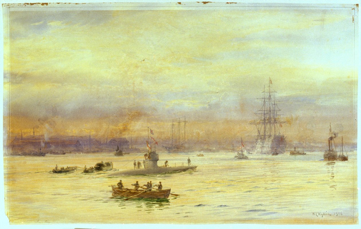 Ten widok przedstawia port po stronie Gosport, do którego wpływa okręt podwodny, a przed nim znajduje się kolejny. autorstwa William Lionel Wyllie