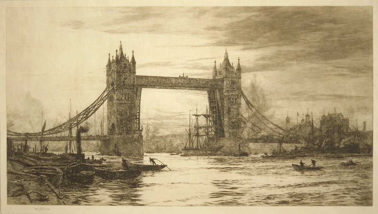 Tower Bridge widziany z Tamizy, Londyn, c1894-1931 autorstwa William Lionel Wyllie