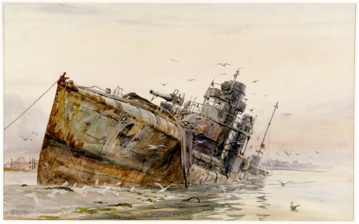 "Niemiecki niszczyciel V82 w Fountain Lake", ok. 1920-22 (akwarela) autorstwa William Lionel Wyllie