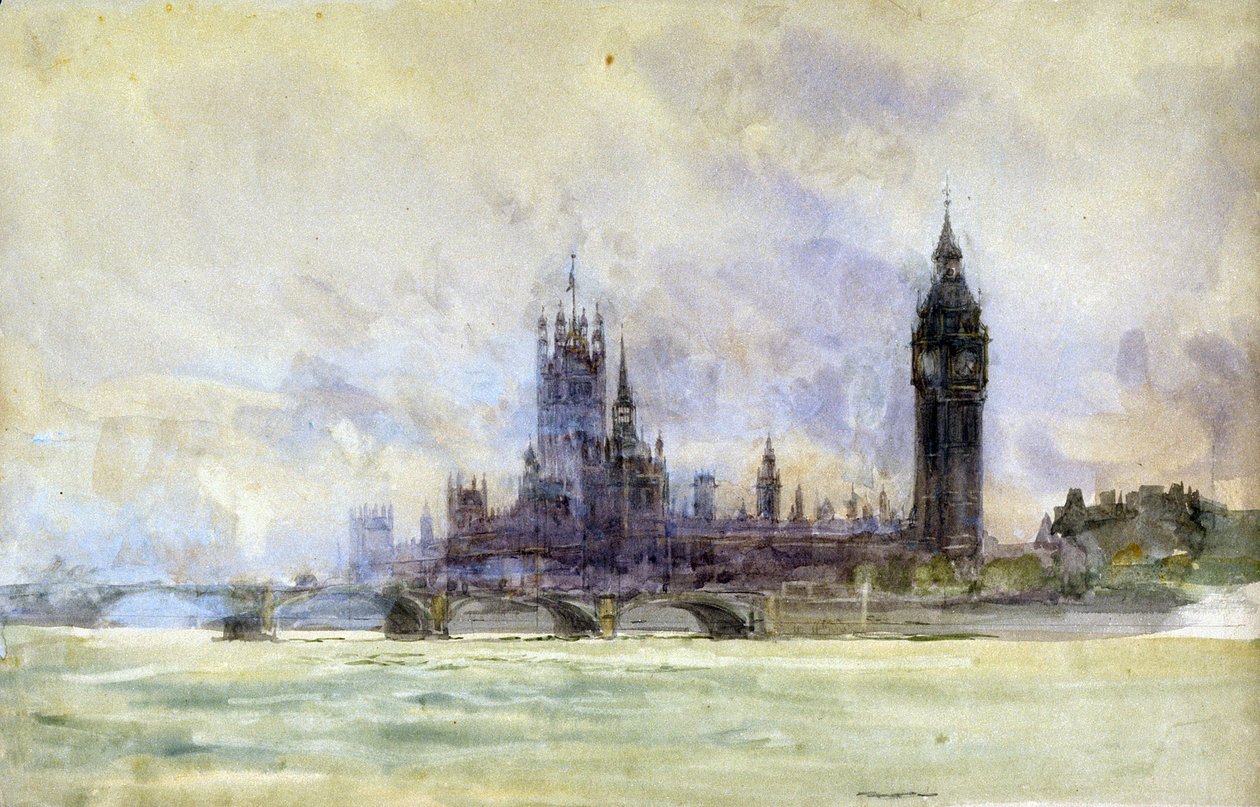 Most Westminsterski, Parlament i Big Ben w Londynie (Anglia). Akwarela, koniec XIX, początek XX wieku, autor: William Lionel Wyllie (1851-1931). autorstwa William Lionel Wyllie