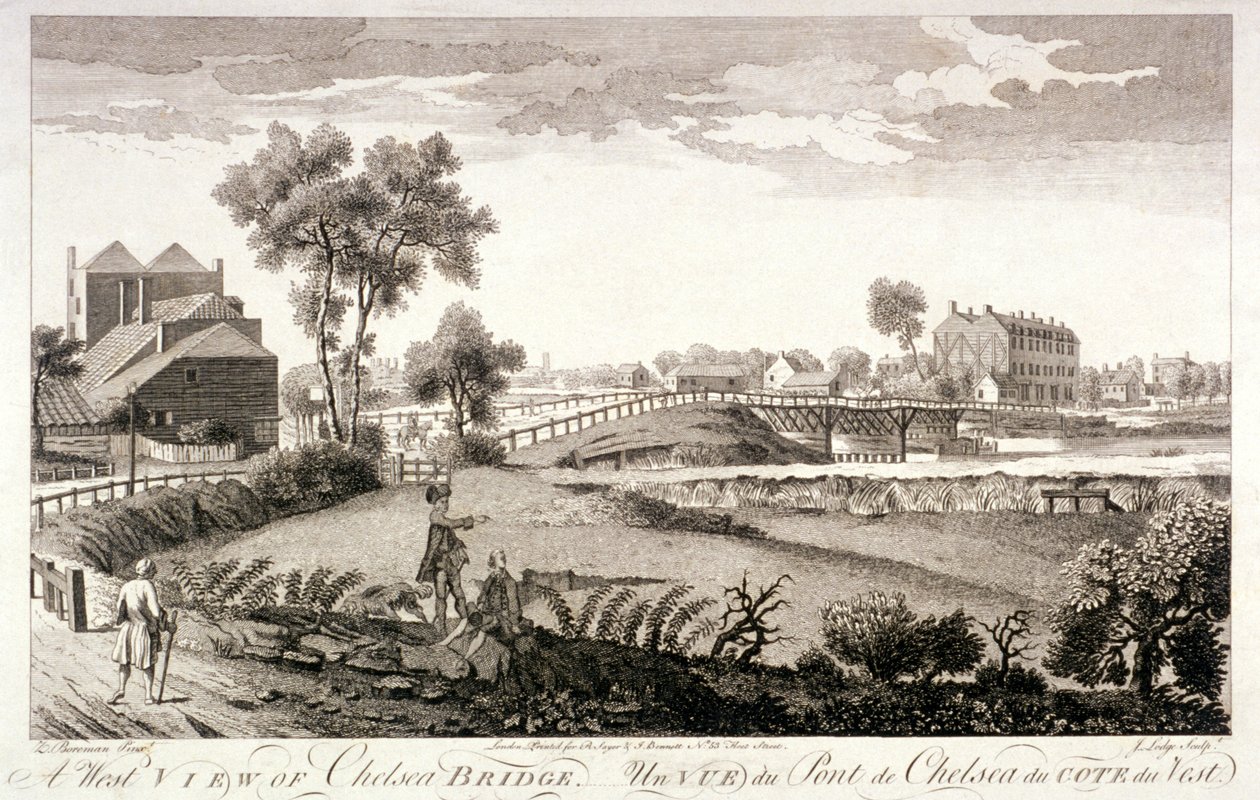 Widok na zachód od Chelsea Bridge, Londyn, ok. 1760 autorstwa William Lodge
