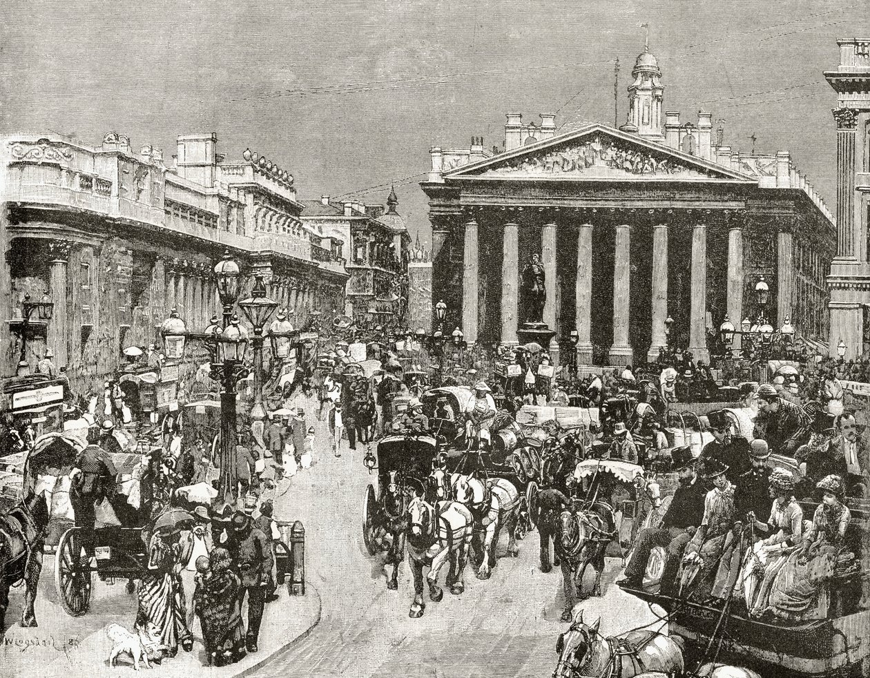 Bank of England i Royal Exchange w XIX wieku, z „London Pictures: Drawn with Pen and Pencil”, autorstwa ks. Richarda Lovetta, opublikowanej w 1890 r. autorstwa William Logsdail