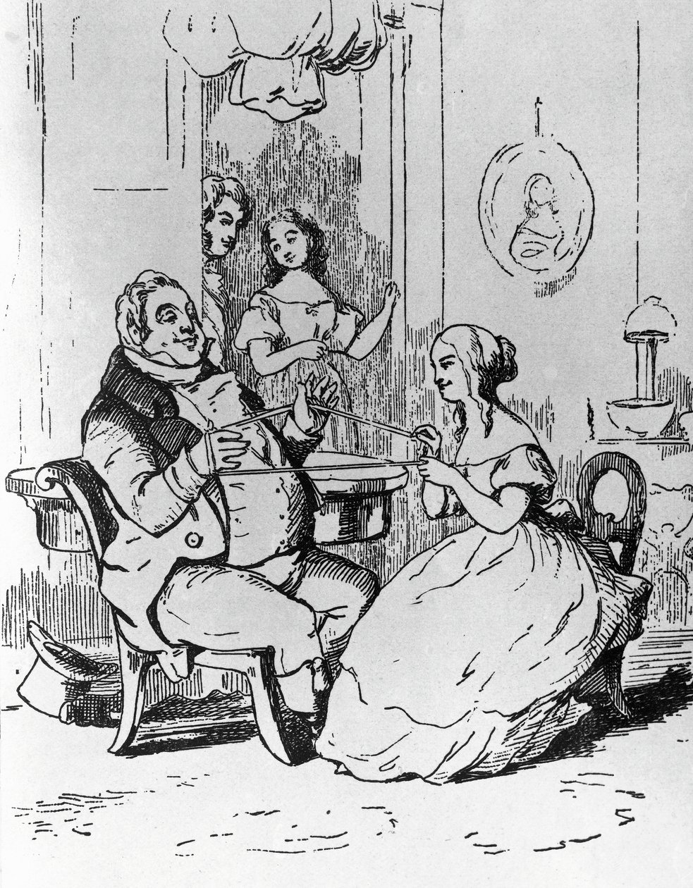 Pan Joseph Sedley uwikłany przez Becky Sharp, ilustracja do pierwszego rozdziału Vanity Fair, powieść Williama Makepeace Thackeraya (1811-1863), rycina według rysunku Williama Makepeace Thackeraya (1811-1863), opublikowana w Chicago w 1882 autorstwa William Makepeace Thackeray