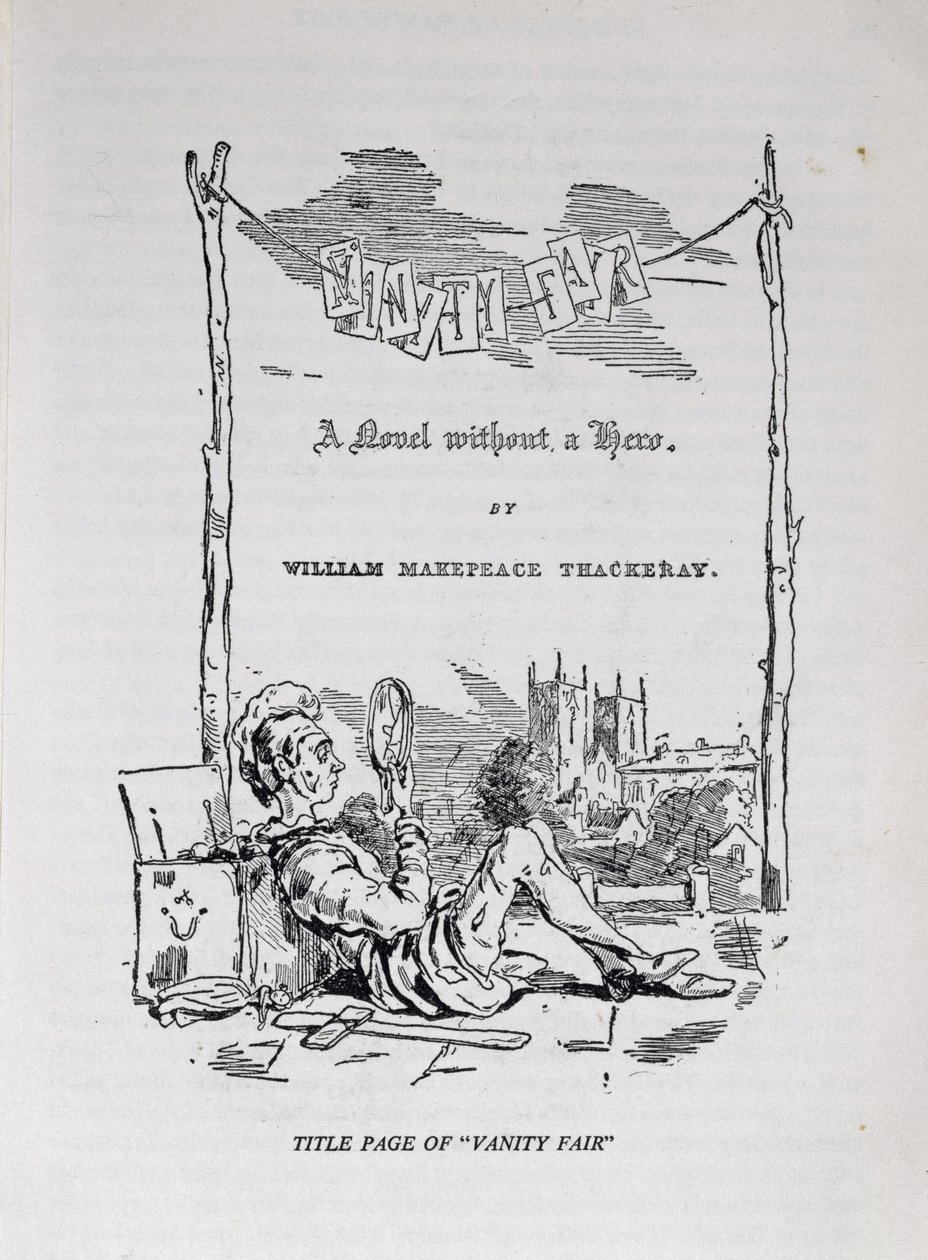 Strona tytułowa „Targowisko próżności, powieść bez bohatera” z autoportretem artysty i autora, wyd. 1848 autorstwa William Makepeace Thackeray